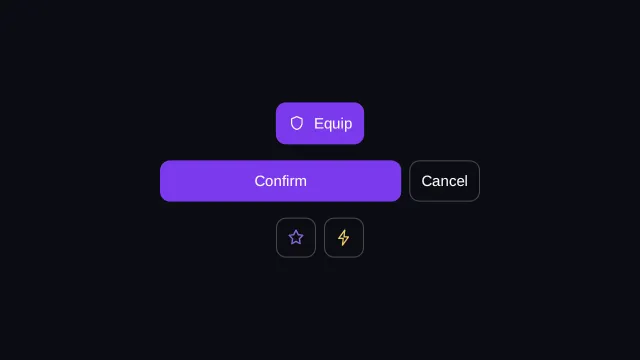 Four buttons showing what a button can hold: a filled Equip button with a shield icon before its label, a wide Confirm button sharing a line with a narrower Cancel, and two square icon-only buttons — a purple star and a gold lightning bolt.