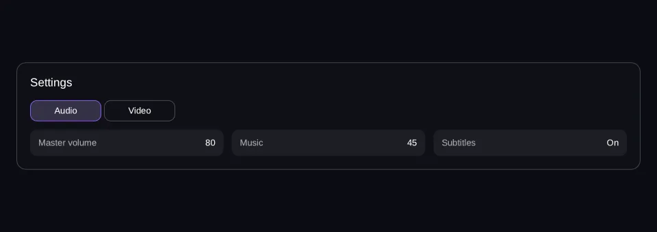 A settings panel with two tabs, Audio and Video: the Audio tab is selected and highlighted in purple, and under the bar its panel lists Master volume 80, Music 45 and Subtitles On. The Video panel is not shown while Audio is the selected tab.