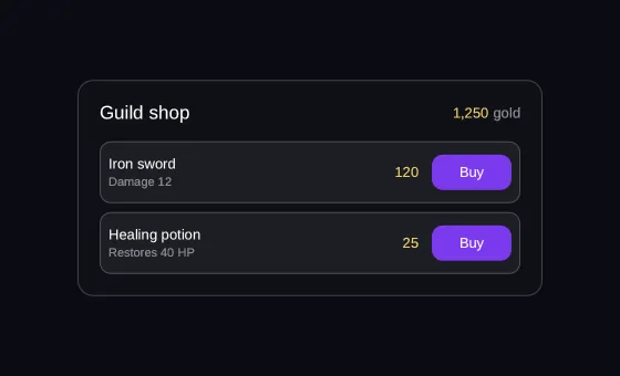 A guild shop panel: the title Guild shop with 1,250 gold beside it, and two rows for sale — an Iron sword for 120 with the detail Damage 12, and a Healing potion for 25 that restores 40 HP — each with its own Buy button.