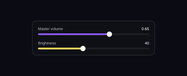 Two sliders in a panel: Master volume, filled purple to about two thirds with 0.65 read out beside its label, and Brightness, filled gold to about a third with 40 beside it.