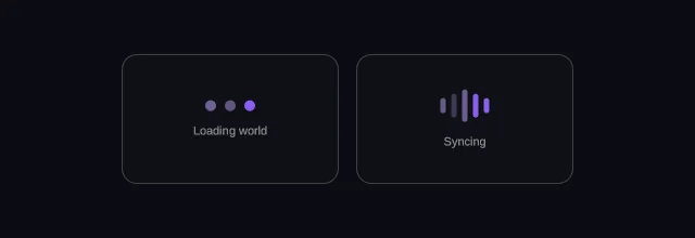 Two activity indicators side by side: three purple dots under the label Loading world, and five purple bars of rising and falling height under the label Syncing. Each bead is painted at its own brightness — the wave that travels through them.